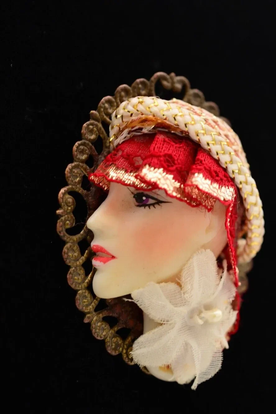 Vintage Woman Profile Pin Brooch Lucite Fabric Metal Chunky 1970s BinAT
